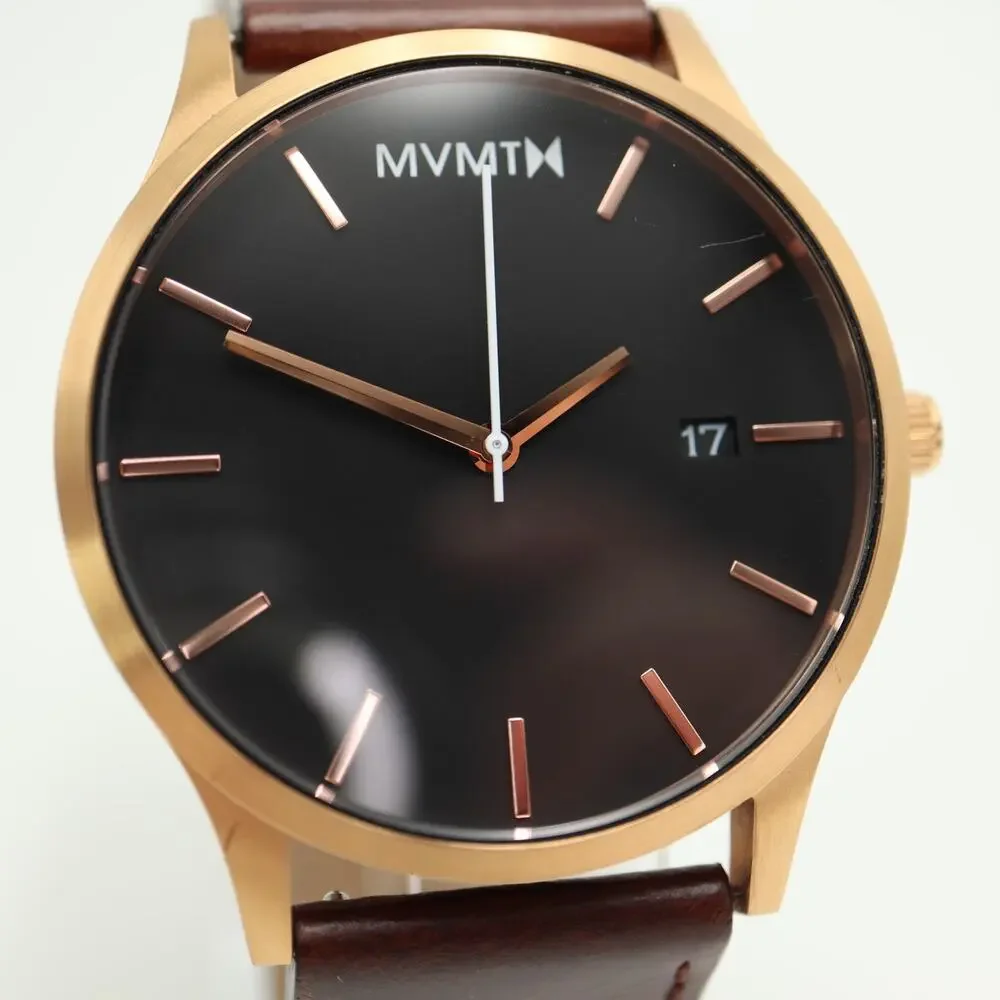 MVMT Mens Classic 45mm Black Date Watch Brown Leather Strap w New Battery